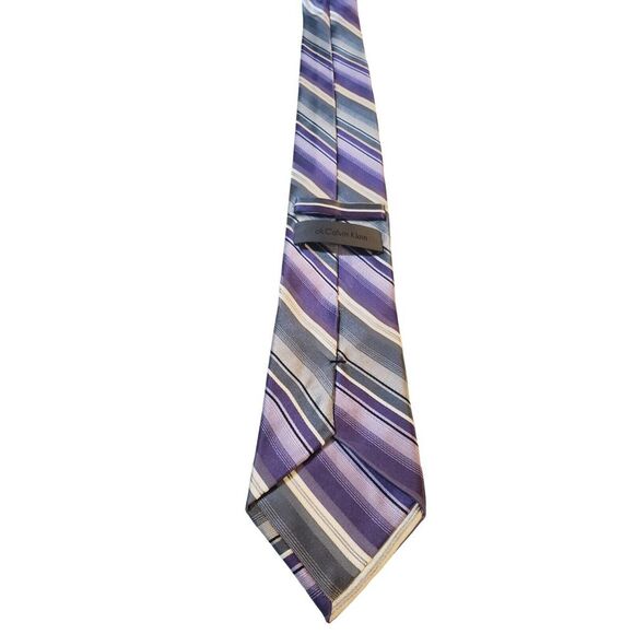 CK Calvin Klein Purple Gray Striped 100% Silk Men's Neck Tie - Picture 4 of 10